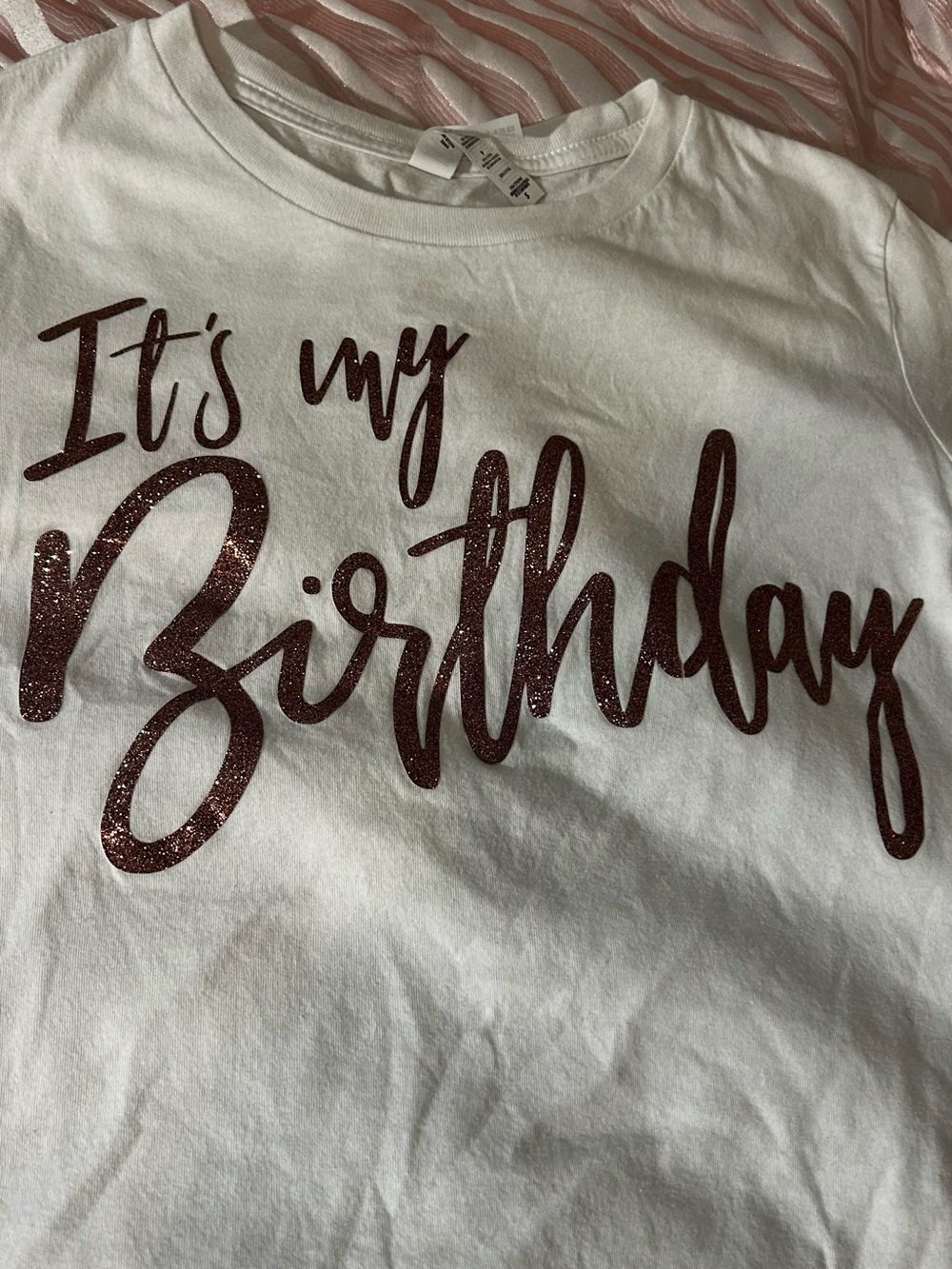 White Short Sleeve Tee with Rose Glitter "It's My Birthday" Script
